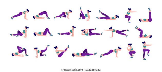 Workout girl set. Woman doing fitness and yoga exercises. Lunges and squats, plank and abc. Full body workout.