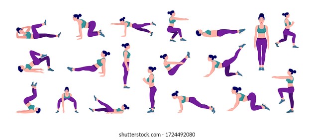 Workout girl set. Woman doing fitness and yoga exercises. Lunges and squats, plank and abc. Full body workout.