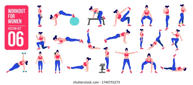 Workout girl set. Woman doing fitness and yoga exercises. Lunges and squats, plank and abc. Full body workout.