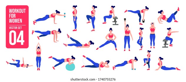 Workout girl set. Woman doing fitness and yoga exercises. Lunges and squats, plank and abc. Full body workout. - Shutterstock ID 1740755276