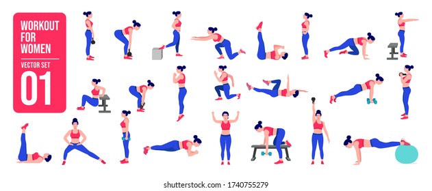 Workout girl set. Woman doing fitness and yoga exercises. Lunges and squats, plank and abc. Full body workout.