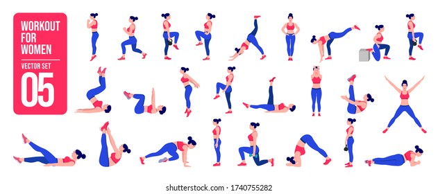 Workout girl set. Woman doing fitness and yoga exercises. Lunges and squats, plank and abc. Full body workout.