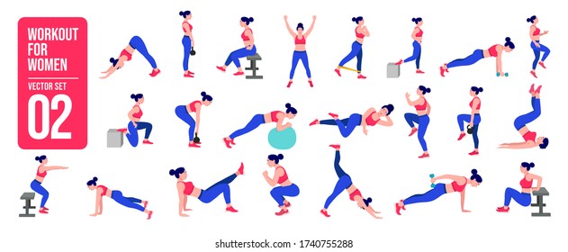 Workout girl set. Woman doing fitness and yoga exercises. Lunges and squats, plank and abc. Full body workout.