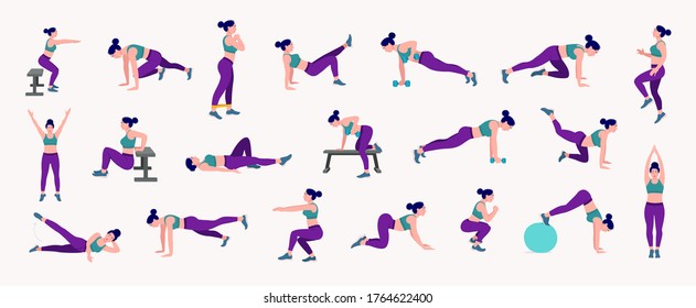 Juego de chicas de entrenamiento. Mujer haciendo ejercicios de fitness y yoga. Almuerzos y plazas, plancha y abc. Entrenamiento corporal completo.