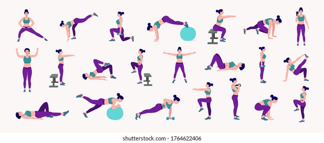 Workout girl set. Woman doing fitness and yoga exercises. Lunges and squats, plank and abc. Full body workout.