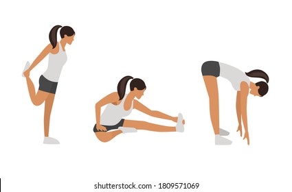 Workout girl set. Woman doing fitness and yoga exercises. Lunges and squats, plank and abc. Full body workout. Warming up, stretching