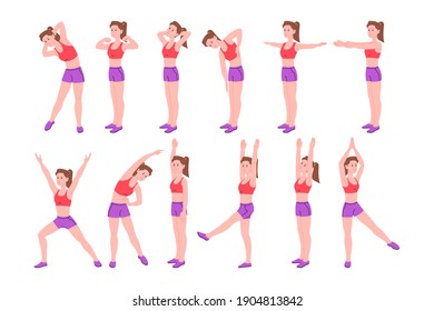 Workout girl set. Woman doing fitness and yoga exercises and lead healthy lifestyle. Full body workout. Lunges and squats, plank and abc. Flat vector cartoon illustration. 