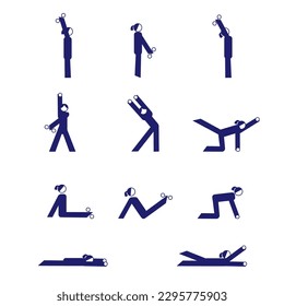 Workout girl set. Woman doing fitness and yoga exercises. Lunges and squats, plank and abc. Full body workout. Eps 10. Vector illustration.