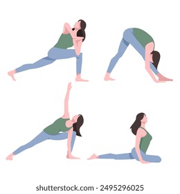 Workout girl set. Woman doing fitness and yoga exercises. Full body workout. Warming up, stretching. Suitable for a yoga theme.