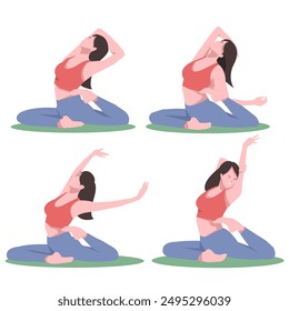 Workout girl set. Woman doing fitness and yoga exercises. Full body workout. Warming up, stretching. Suitable for a yoga theme.