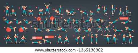 Workout girl set. Woman doing fitness and yoga exercises. Lunges and squats, plank and abc. Full body workout.