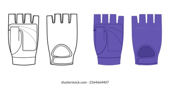 Workout Gloves purple cartoon and flat mockup sketch Fashion hand accessory Weightlifting clothing technical illustration garment. Vector front palm back view for Men, women, unisex style template CAD