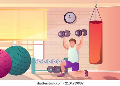 Workout at gym concept in flat cartoon design. Man doing exercises with dumbbells in sports club, doing weightlifting and strength training at gym. Vector illustration with people scene background