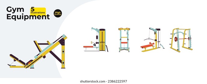 Workout gym equipment 2D linear cartoon objects bundle. Seated cable row, lat pulldown, assisted pullup, power rack, leg press machines isolated line vector items. Color flat spot illustration set