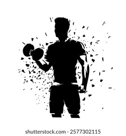 Workout in gym, man exercises with a one-handed barbell, isolated vector silhouette with dispersion effect