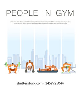 Workout in gym for men Horizontal banner. People in Fitness club, training hall. Flat Art Vector illustration