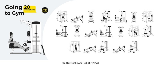 Workout gym people black and white cartoon flat illustration bundle. Bodybuilding sports 2D lineart characters isolated. Stretching. Bodybuilder machines monochrome vector outline image collection