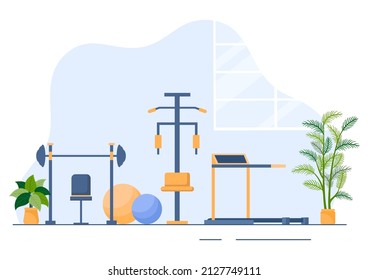 Workout Gym People Exercising Lifting Dumbbells and Weight, Jogging on Treadmill, Sport, Wellness or Fitness in Flat Poster Background illustration