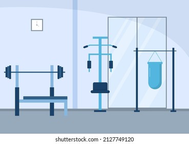 Workout Gym People Exercising Lifting Dumbbells and Weight, Jogging on Treadmill, Sport, Wellness or Fitness in Flat Poster Background illustration
