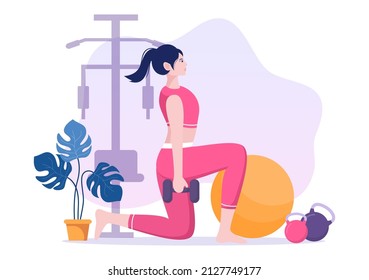 Workout Gym People Exercising Lifting Dumbbells and Weight, Jogging on Treadmill, Sport, Wellness or Fitness in Flat Poster Background illustration