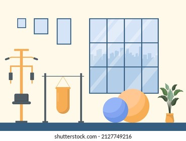 Workout Gym People Exercising Lifting Dumbbells and Weight, Jogging on Treadmill, Sport, Wellness or Fitness in Flat Poster Background illustration