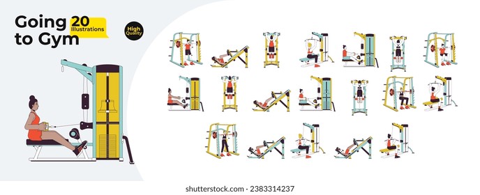 Workout gym people line cartoon flat illustration bundle. Bodybuilding sports 2D lineart characters isolated on white background. Stretching. Bodybuilder machines vector color image collection