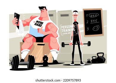 Workout in gym with professional trainer, personal training vector illustration. Fitness trainer in gym flat style. Workouts for beginners