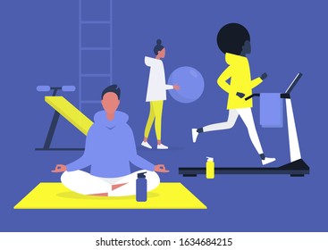 Workout in the gym scene, young adults jogging, doing yoga and aerobics, healthy lifestyle