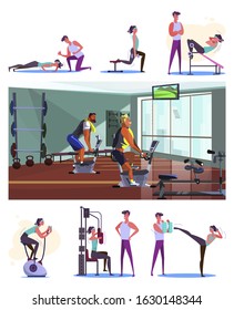 Workout in gym set. Athletes exercising with weight, equipment, trainer flat vector illustrations. Fitness, lifestyle, sport concept for banner, website design or landing web page