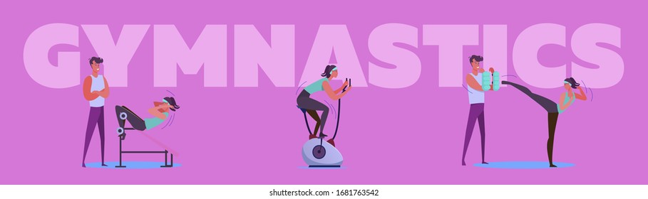 Workout in gym set. Athletes exercising with weight, equipment, trainer flat vector illustrations. Fitness, lifestyle, sport concept for banner, website design or landing web page