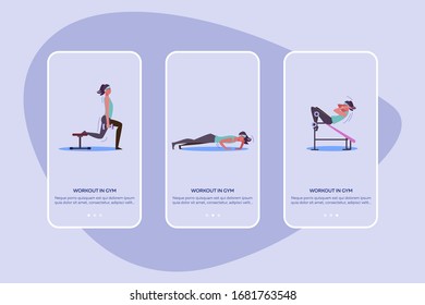 Workout in gym set. Athletes exercising with weight, equipment, trainer flat vector illustrations. Fitness, lifestyle, sport concept for banner, website design or landing web page