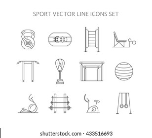 Workout and gym training icons set. Vector bodybuilding, gymnastics icons and symbols collection. Fitness elements. Weightloss, active lifestyle and gym training icons. 