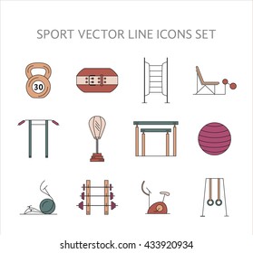 Workout and gym training icons set. Vector bodybuilding, gymnastics icons and symbols collection. Fitness elements. Weightloss, active lifestyle and gym training icons.