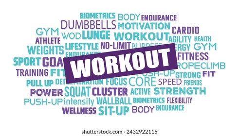 Workout gym word cloud keyword concept purple and blue