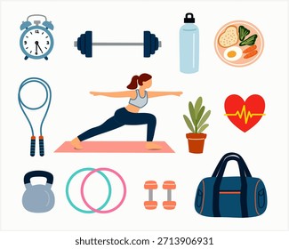 Workout and healthy lifestyle elements in flat illustration style for fitness and wellness themes. Perfect for gym designs, health apps, posters, and branding.