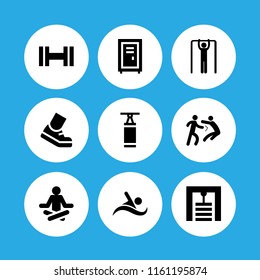 workout icon. 9 workout set with locker, swimmer, boxing bag and person fight punch vector icons for web and mobile app