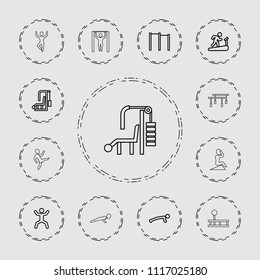 Workout icon. collection of 13 workout outline icons such as horizontal bar, man doing exercises, man on treadmill, gym equipment. editable workout icons for web and mobile.