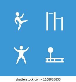 Workout icon. collection of 4 workout filled icons such as fitness equipment, horizontal bar, man doing exercises. editable workout icons for web and mobile.