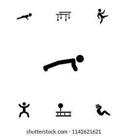 Workout icon. collection of 7 workout filled icons such as squat, man doing exercises, fitness equipment. editable workout icons for web and mobile.