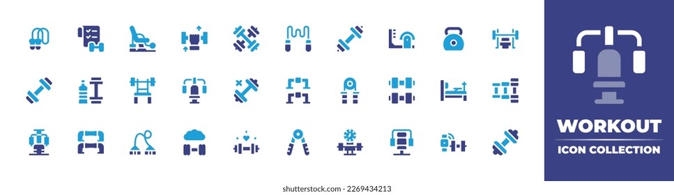 Workout icon collection. Duotone color. Vector illustration. Containing jumping rope, checklist, workout, dumbbell, gym, pilates, kettlebell, fitness, bench press, forbidden, push up bar, handgrip.