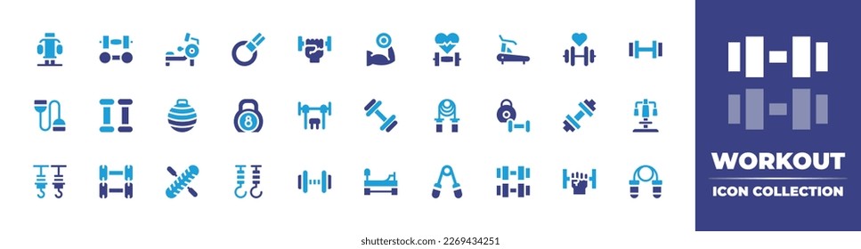 Workout icon collection. Duotone color. Vector illustration. Containing exercise, dumbbell, rowing machine, pull up, lifting, heart rate, treadmill, gym, chest expander, weight, pilates ball.