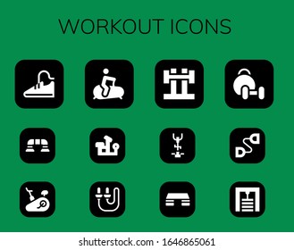 workout icon set. 12 filled workout icons.  Simple modern icons such as: Sport shoes, Push up, Stationary bike, Bench press, Skip rope, Barbell, Fitness step, Weightlifting, Chest expander