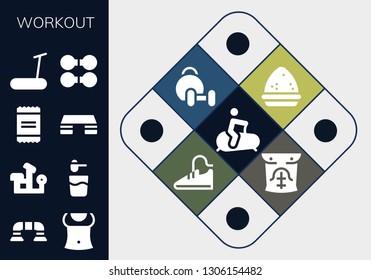 workout icon set. 13 filled workout icons.  Simple modern icons about  - Stationary bike, Push up, Abs, Bench press, Powder, Fitness step, Treadmill, Dumbbell, Weightlifting, Sport shoes