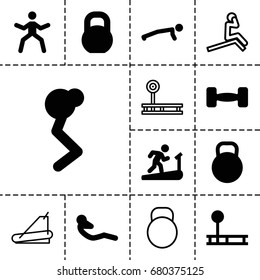 Workout icon. set of 13 filled and outline workout icons such as abdoninal workout, barbell, kettle, treadmill, fintess equipment, man doing exercises
