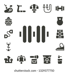 workout icon set. 17 filled workout icons.  Simple modern icons about  - Stationary bike, Powder, Chest expander, Dumbbell, Sport shoes, Bench press, Treadmill, Gym station, Skip rope