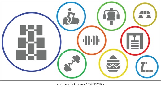 workout icon set. 9 filled workout icons.  Simple modern icons about  - Dumbbell, Stationary bike, Gym station, Barbell, Powder, Push up, Treadmill