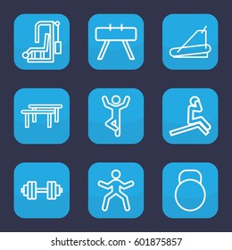 workout icon. Set of 9 outline workout icons such as treadmill, kettle, barbell   isolated, fintess equipment, horizontal bar, man doing exercises