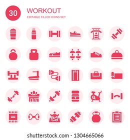 workout icon set. Collection of 30 filled workout icons included Protein shake, Powder, Dumbbell, Shoe, Gym bars, Kettlebell, Shoes, Barbell, Treadmill, Chest expander, Gym bag