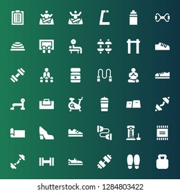 workout icon set. Collection of 36 filled workout icons included Kettlebell, Shoe, Dumbbell, Powder, Strength, Chest expander, Shoes, Yoga mat, Gym, Protein shake, Treadmill, Gym bag