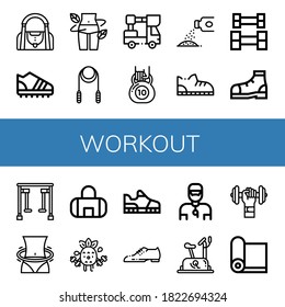 workout icon set. Collection of Gym bag, Trainers, Diet, Skipping rope, Lifter, Kettlebell, Powder, Shoe, Weightlifting, Gym equipment, Hula hoop, Exercise, Running shoes icons